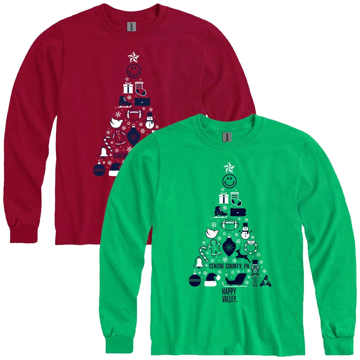 Cardinal red and Kelly green long sleeve t-shirts Happy Valley holiday icon trees